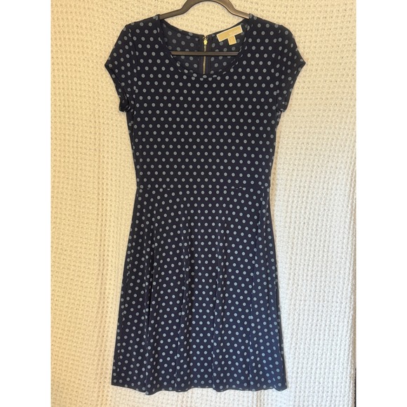 Michael Kors Navy Blue Polka Dot Dress Short Sleeve Gold Zip Casual Career - Picture 1 of 5